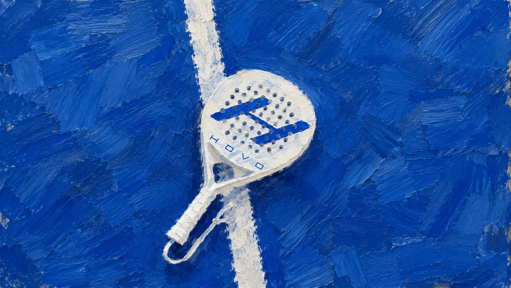 Raquette de padel HOVO posée sur une piste bleue